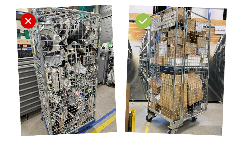 20241212_blog3-afb-ingepakt Zo moet het: een container die goed ingepakt is naast een container waarvan de defecten veelal onbruikbaar zullen zijn geworden.